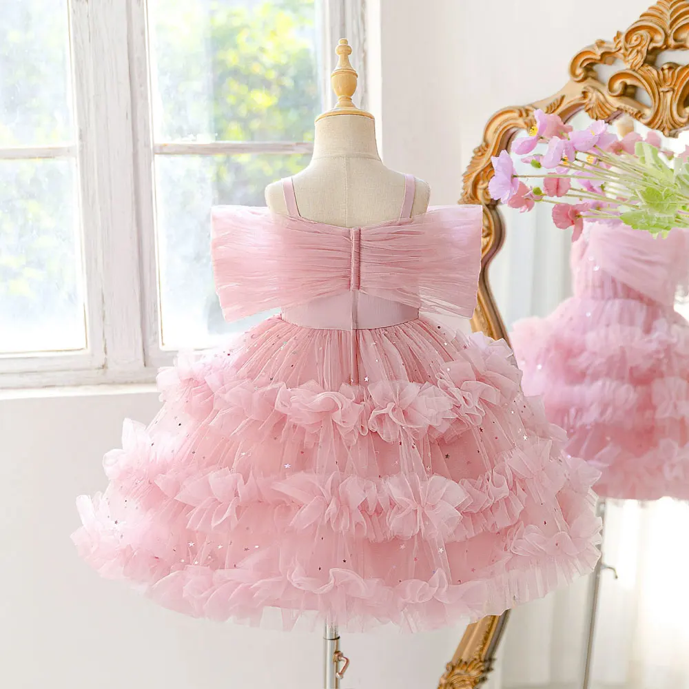 Fashion Kids Flower Girl Dress 3-8 Years Big Bow Pink Ruffled Tulle Girl Evening Gown Summer Children Birthday Wedding Evening