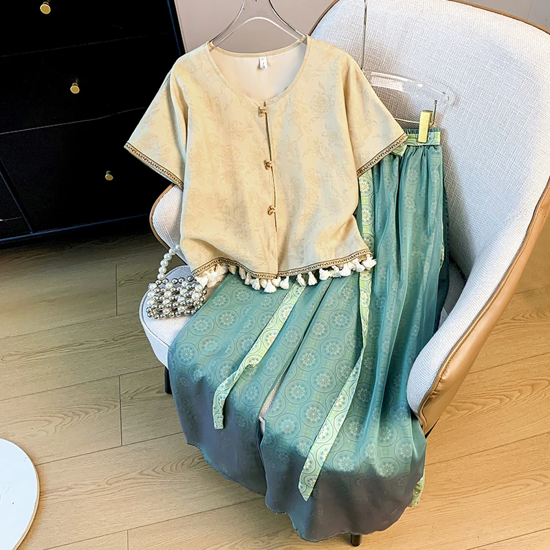 

New Chinese Retro Hanfu round Ne ort Sve Embroidered Open Cardigan Classical Ethnic Sle Patchwork Skirt Pants Set