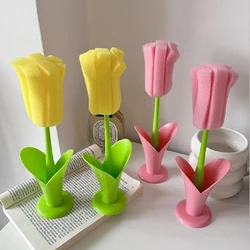 Tulips Sponge Cup Brush With Base Long Handle Water Bottle Cleaner Brush For Mug/Feeding Bottle/Thermos Bottle/Therma Mug