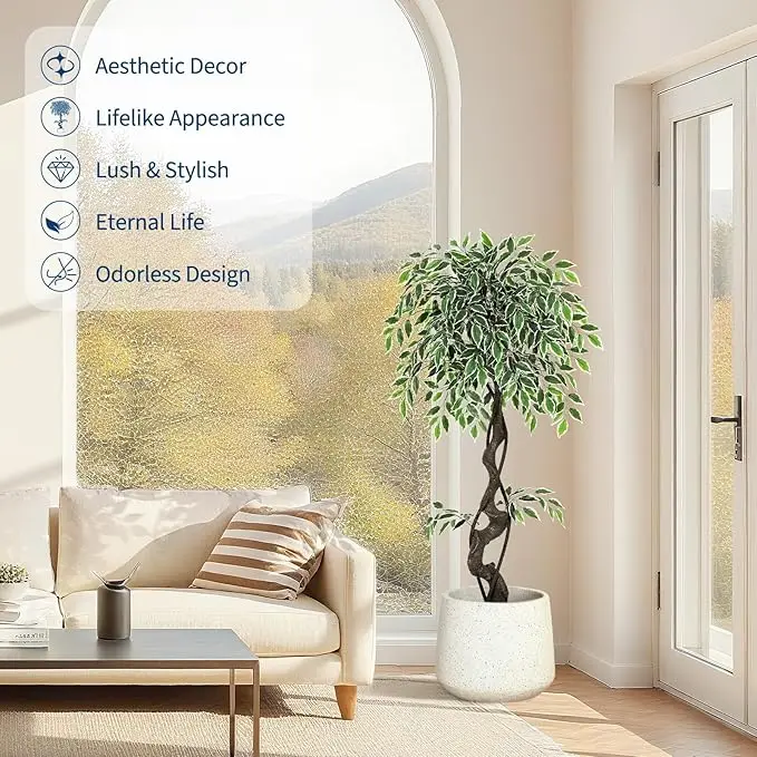Artificial Ficus Tree, Lifelike Fake Ficus Plant with White Imitation Ceramic Planter, Natural Moss & Pebbles Decor, Stable Potted Faux Tree for Indoor Outdoor Home Office Bedroom Balcony - view 4