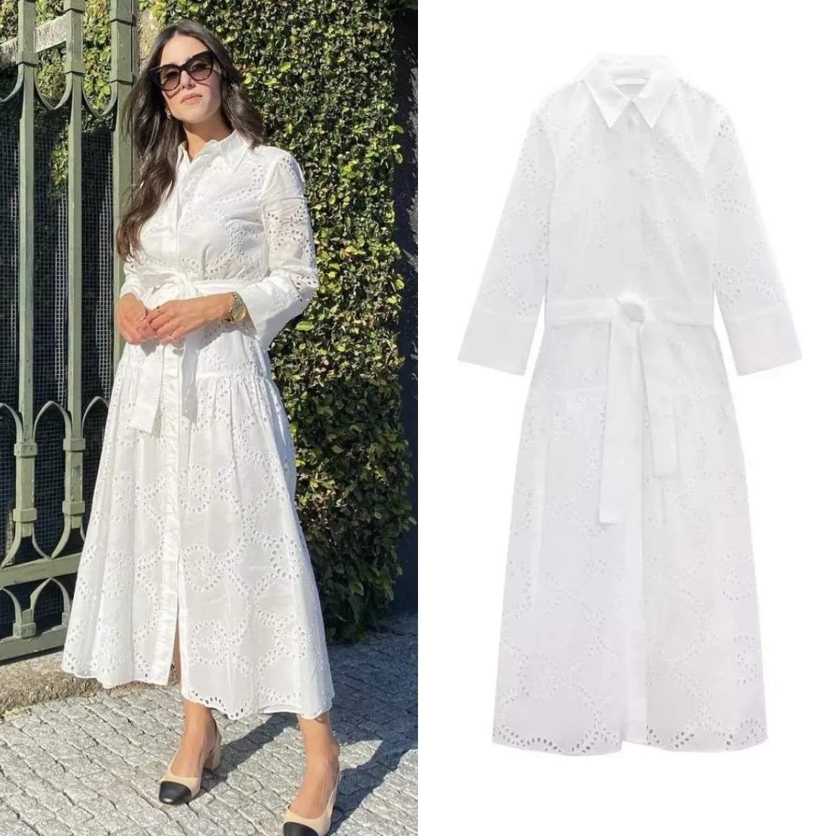 ETJ 2025 Primavera/Verão novo feminino elegante estilo férias branco algodão linha A recorte saia cinto bordado