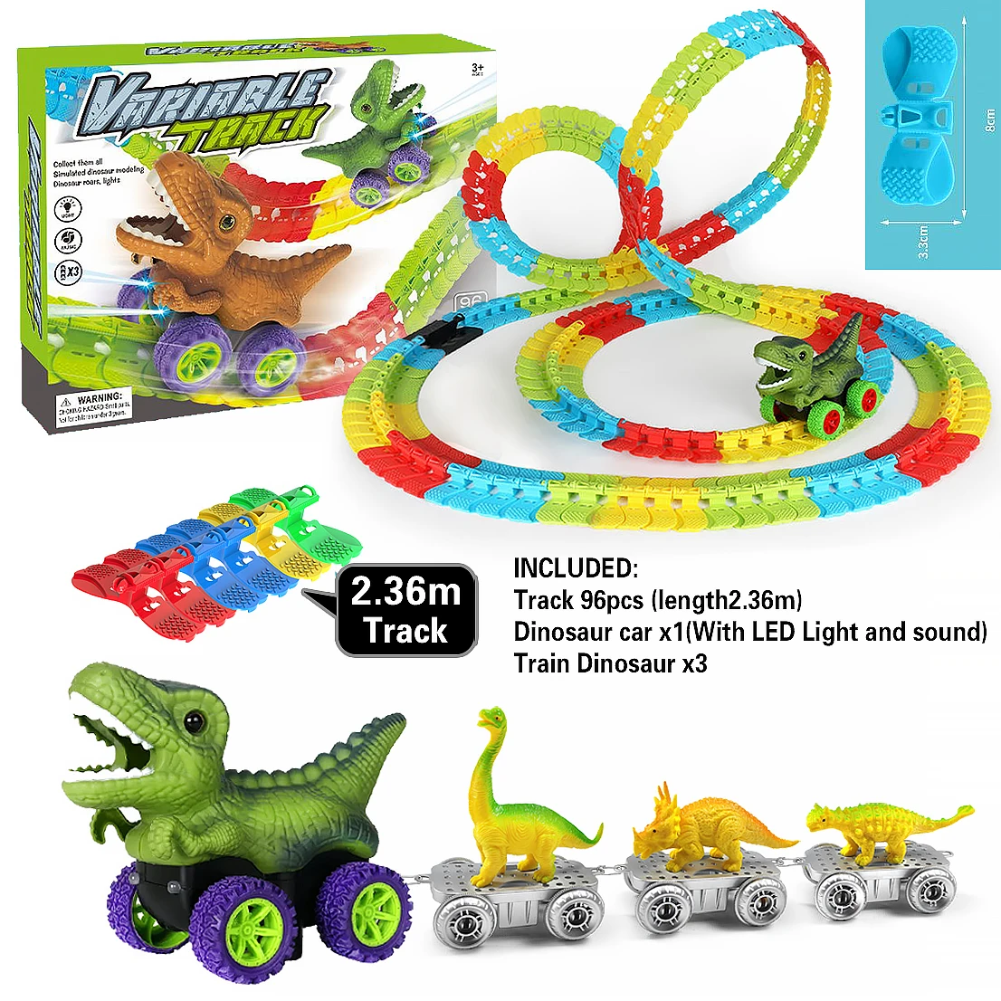 

Dinosaur Track Cars For Boy Flexible Track with LED Light And sound-Up Race Car Set Anti-gravity Track Train Gift for Kids