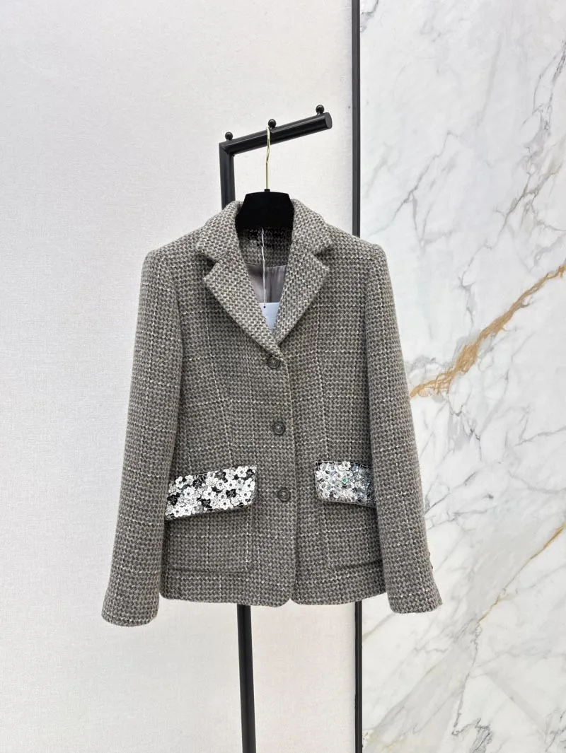 2024 Fashion Runway Woolen Blazer Jacket For Women High Quality Silk-Lining Sequins-Pocket Suit Lapel Elegant Tweed Coat Lady