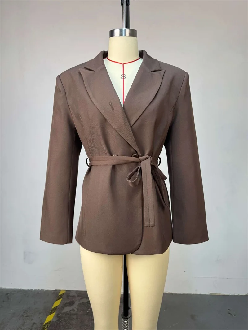 Outono feminino terno 1 peça blazer mangas completas jaqueta com cinto marrom preto formal senhora do escritório casamento convidado noite casaco de noiva