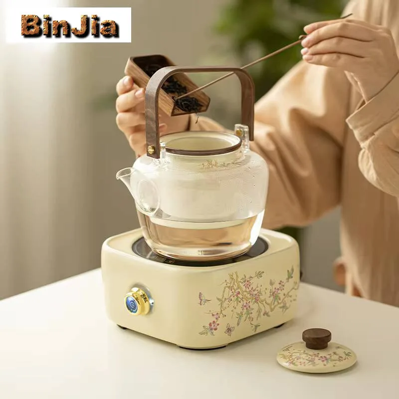 1000Ml Ru Kiln Wisteria Flower Glass Teapot Lifting Beam Pot Electric Stove Tea Cooking Kettle Boiling Water Cha craft supplies