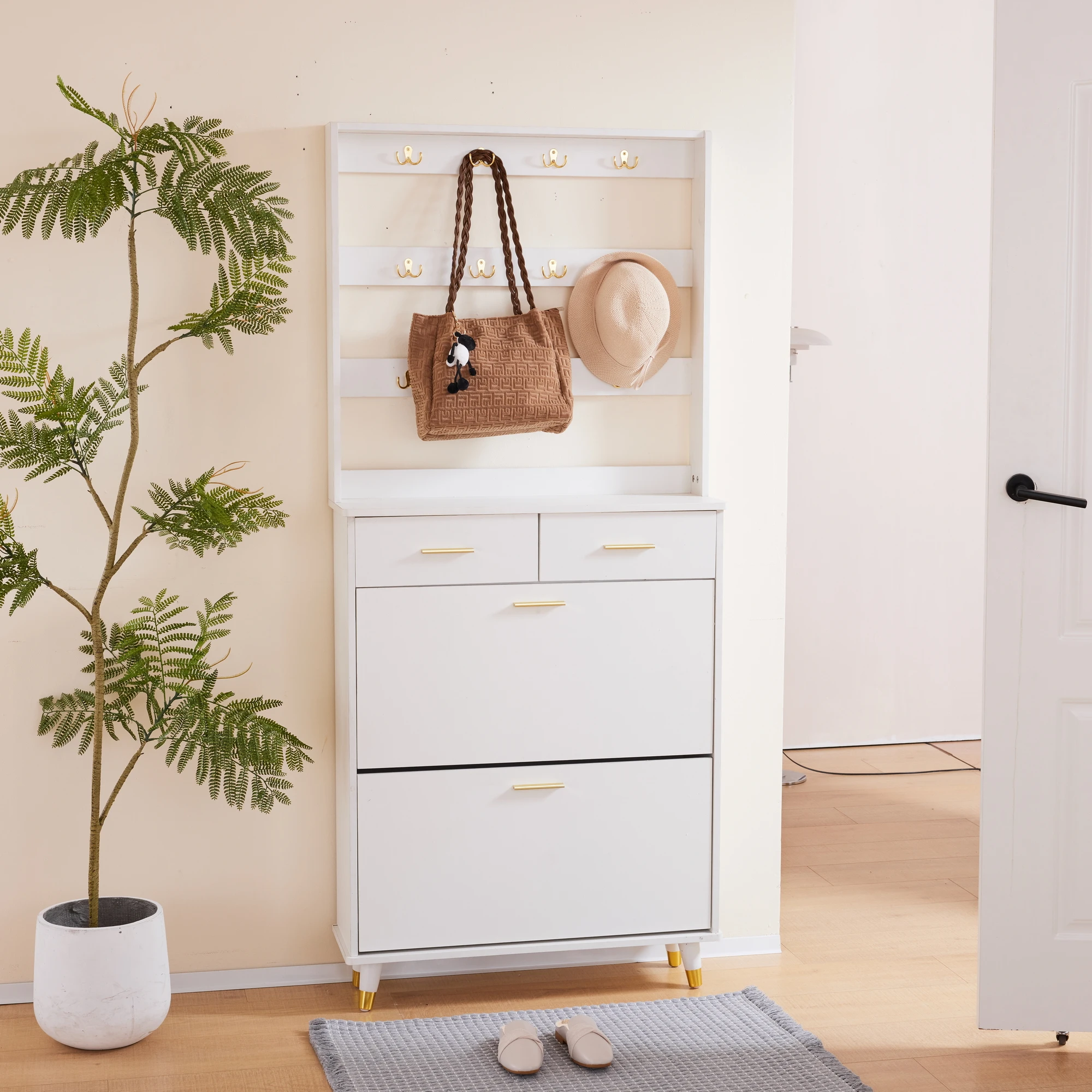 

Entryway Bedroom Armoire,Shoe Cabinet,Wardrobe Armoire Closet, Drawers and Shelves, Handles, Hanging Rod, white