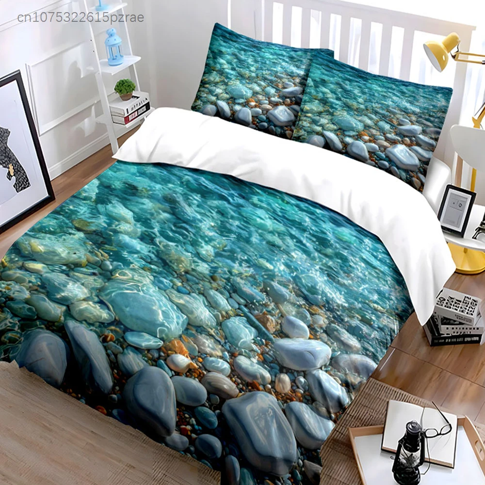 Juego de ropa de cama de 3 piezas con diseño de arena marina cristalina, juego de funda nórdica con estampado de piedras coloridas bajo el agua, patrón de guijarros azules para dormitorio