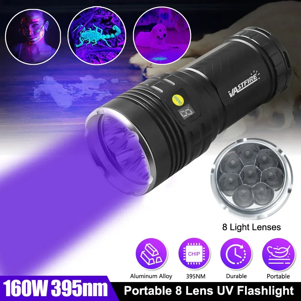 8Lights 160W UV Flashlight 395nm Black Mirror Flashlamp Ultraviolet Ink Dryer Money Fluorescer Detector Purple Light Torch