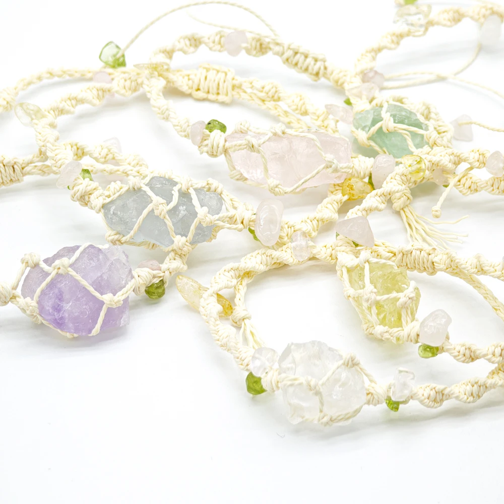 10 Stück verstellbares geflochtenes Kordelnetz, 1 roher Rohstein, Perlenhalter, Seil, Armband, natürlicher Quarzkristall, Heilung, Taschentasche, Armreif – Detail 21