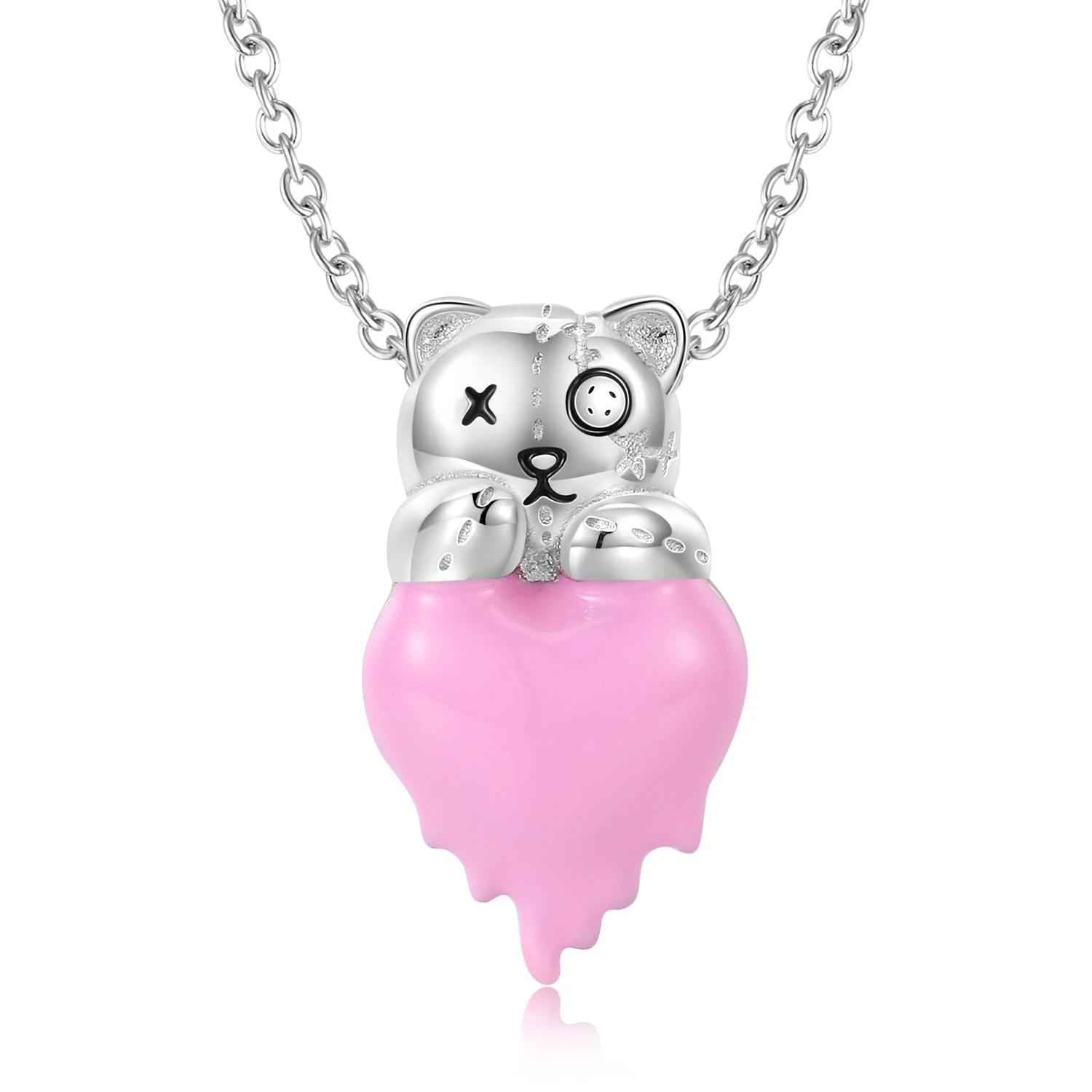 Jiuhao 925 Sterling Silver Little Bear Doll's Melting Heart Romantic Pendant for Women Birthday Gift Fine Jewelry Necklace