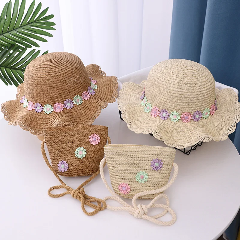 Girls Chamomile Floral Straw Hat Handbag Sets Child Baby Straw Hat Kids Outdoor Beach Sun Hat Bags Set Travel Holiday Sun Cap