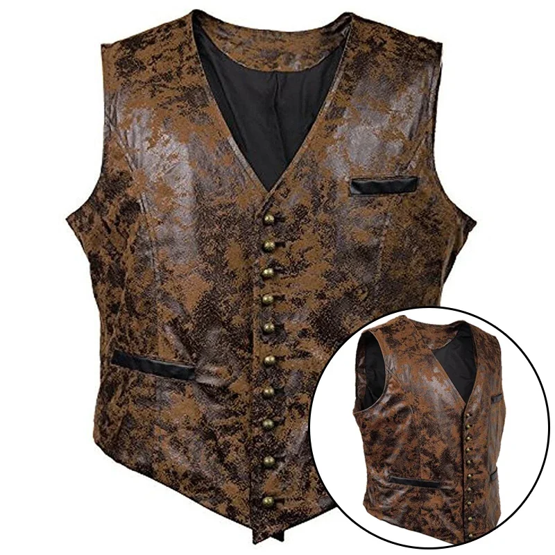 Men Gothic Suede Vest Rivet Button Single Breasted V Neck Waistcoat Men Victorian Aristocrat Mens Cosplay Costume 3XL