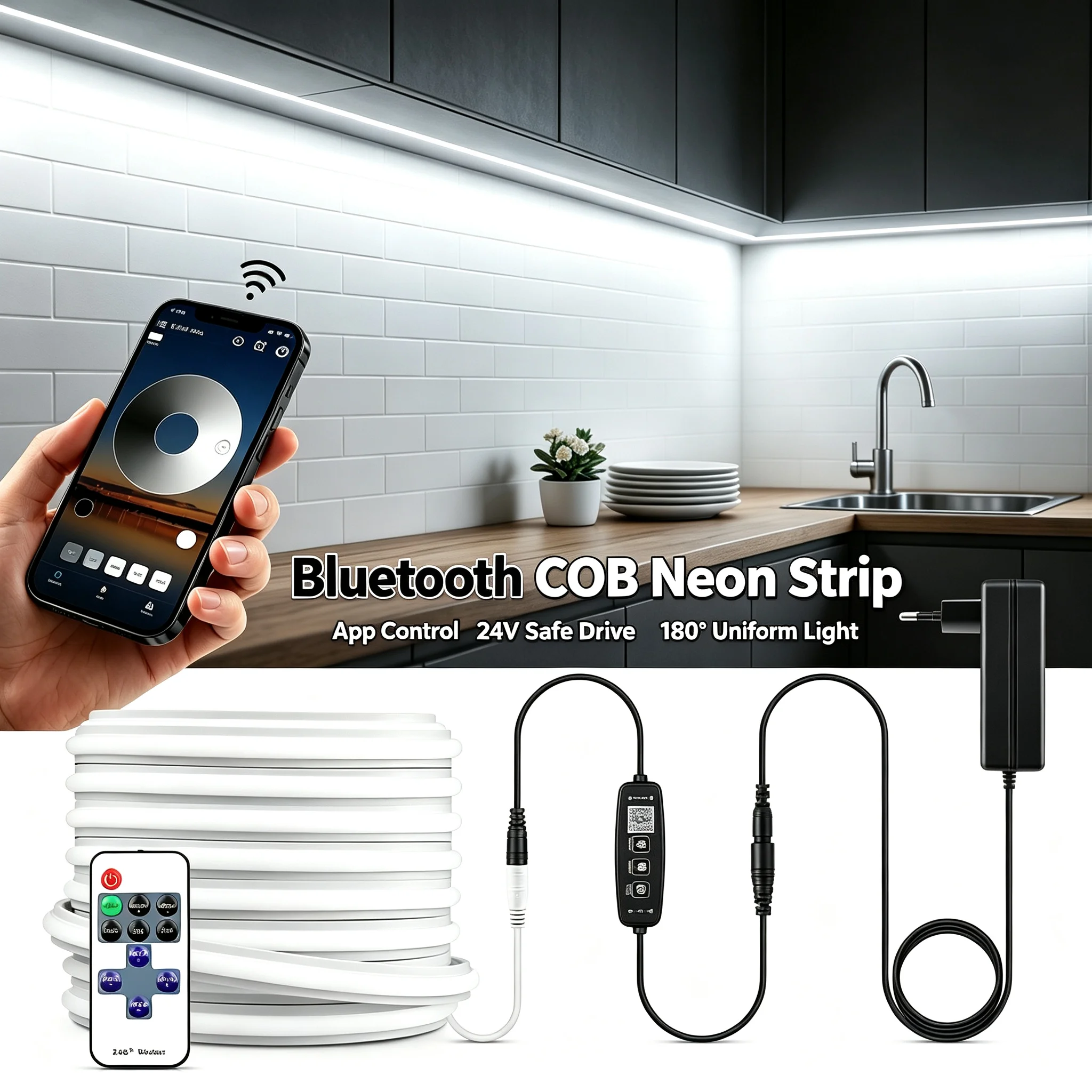 DC24V COB Neon Strip Light, With Bluetooth APP Control, Warm/Natural/Cold White Dimmable Self-Adhesive Cuttable Neon Rope Lighte