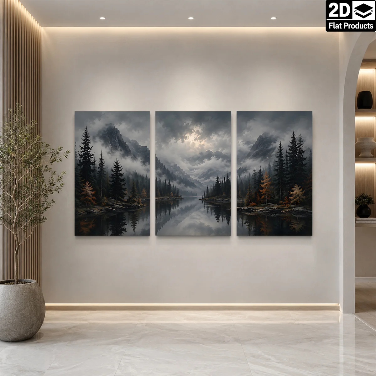 Frameless canvas 2D Flat 3PCS - A triptych of misty mountains, pine trees, and a reflective lake under a cloudy sky. Themed C
