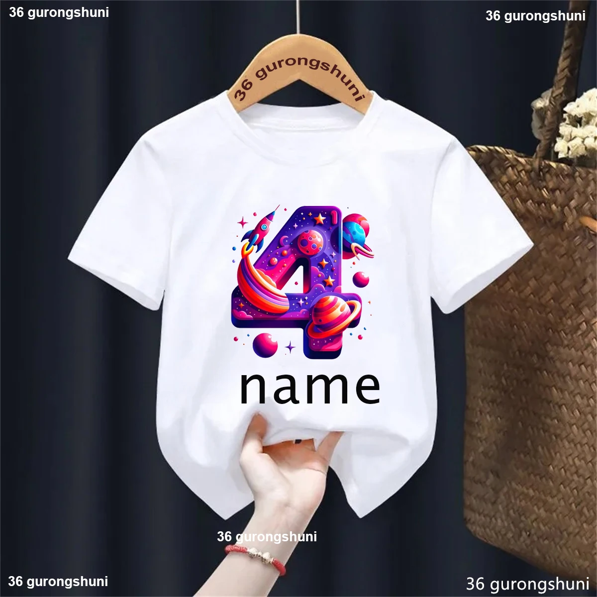 

Custom Name 4th Birthday Gift Printed T Shirt Girls/Boys Astronaut Spacecraft Planet Tshirt Kawaii Kids Clothes Solid T-Shirt