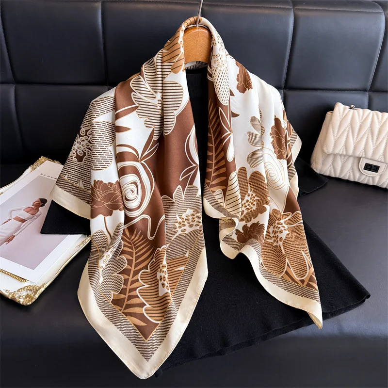 

2026 New Square Twill Silk Scarf for Women Spring Autumn Bandana Hijabs Floral Print Headscarf Luxury Female Hair Accessories