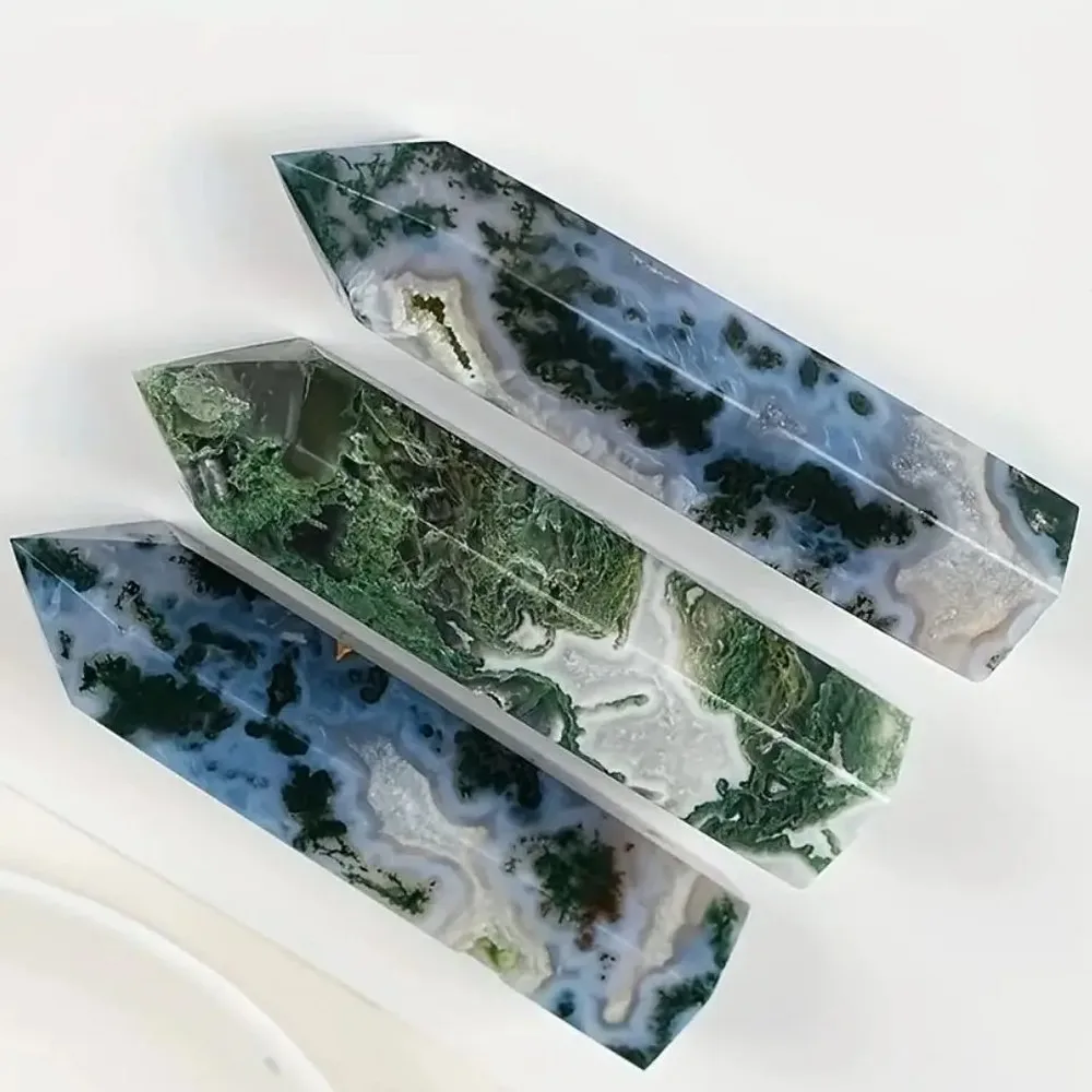 Moss Agate Hexagonal Obelisk Wand, Natural Green Crystal Point for Reiki Healing, Meditation & Energy Balancing