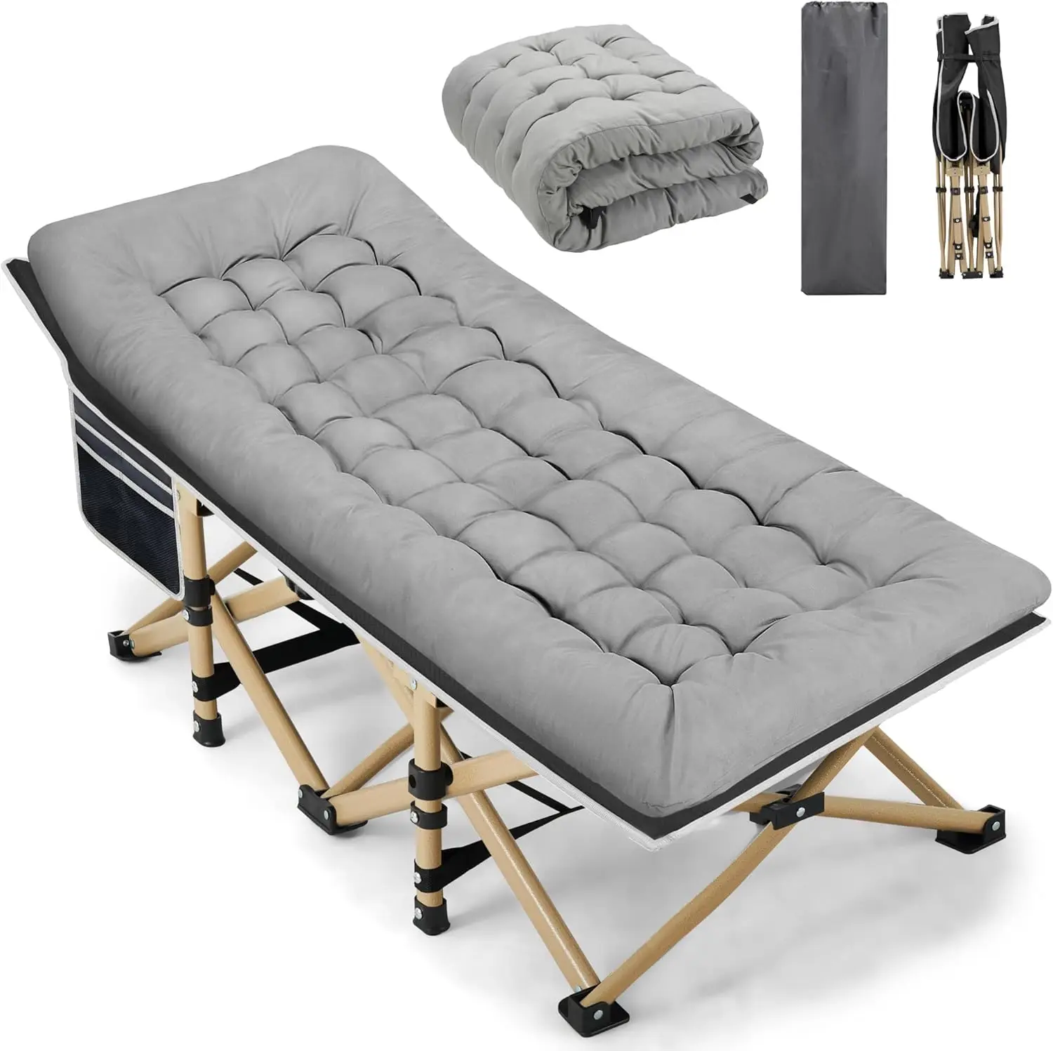 

Портативная раскладная кровать для кемпинга, максимальная нагрузка 600 фунтов, сверхширокая с толстым матрасом, складная кровать для отдыха на природе/офиса, для дневного сна дома (серая)