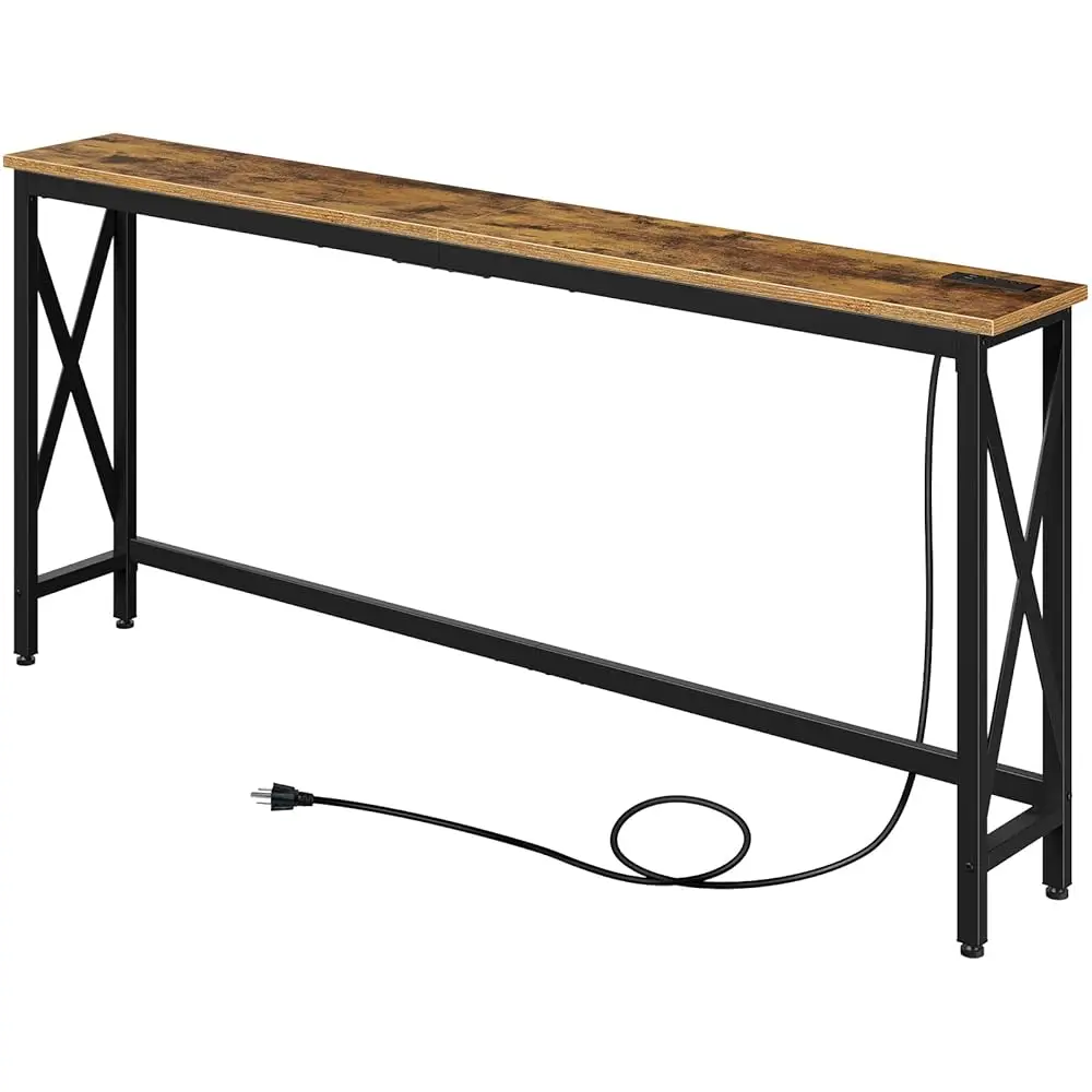 

Console Table With Power Outlet, Narrow Sofa Table, 70.8"" X 7.9"" Farmhouse Table Behind Sofa Couch Hallway Entrance For