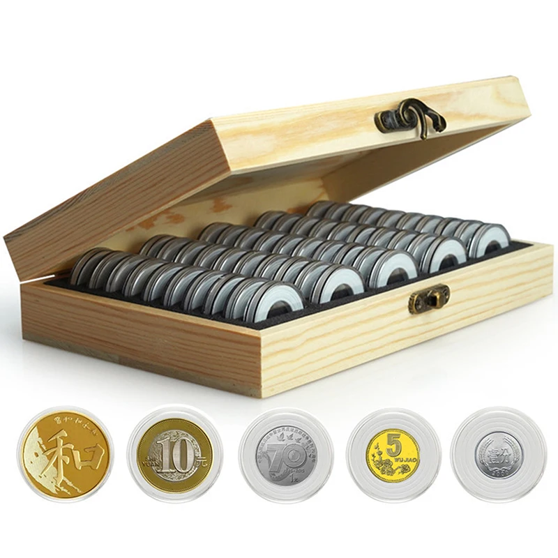 50PCS Coins Storage Box With Adjustment Pad Adjustable Antioxidative Wooden Commemorative Coin Collection Case 18/21/25/27/30mm