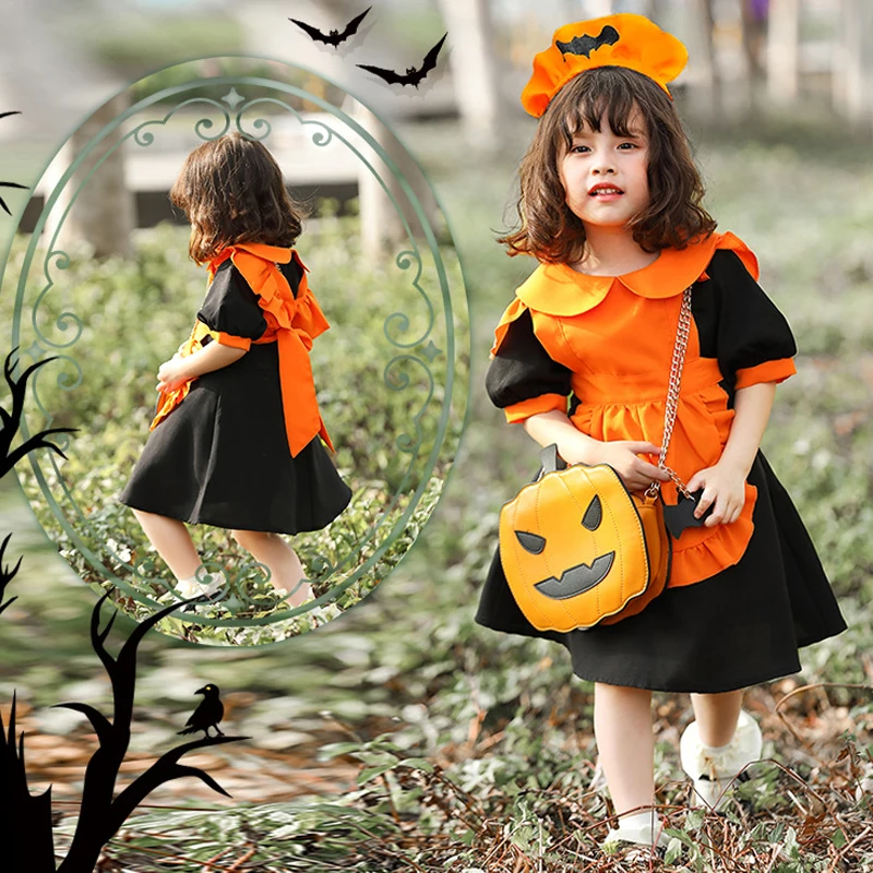 

Halloween Girls Dress with Headwear Birthday Party Festival Cosplay Casual Children's Clothing And Pumpkin Bag Waiter Costume