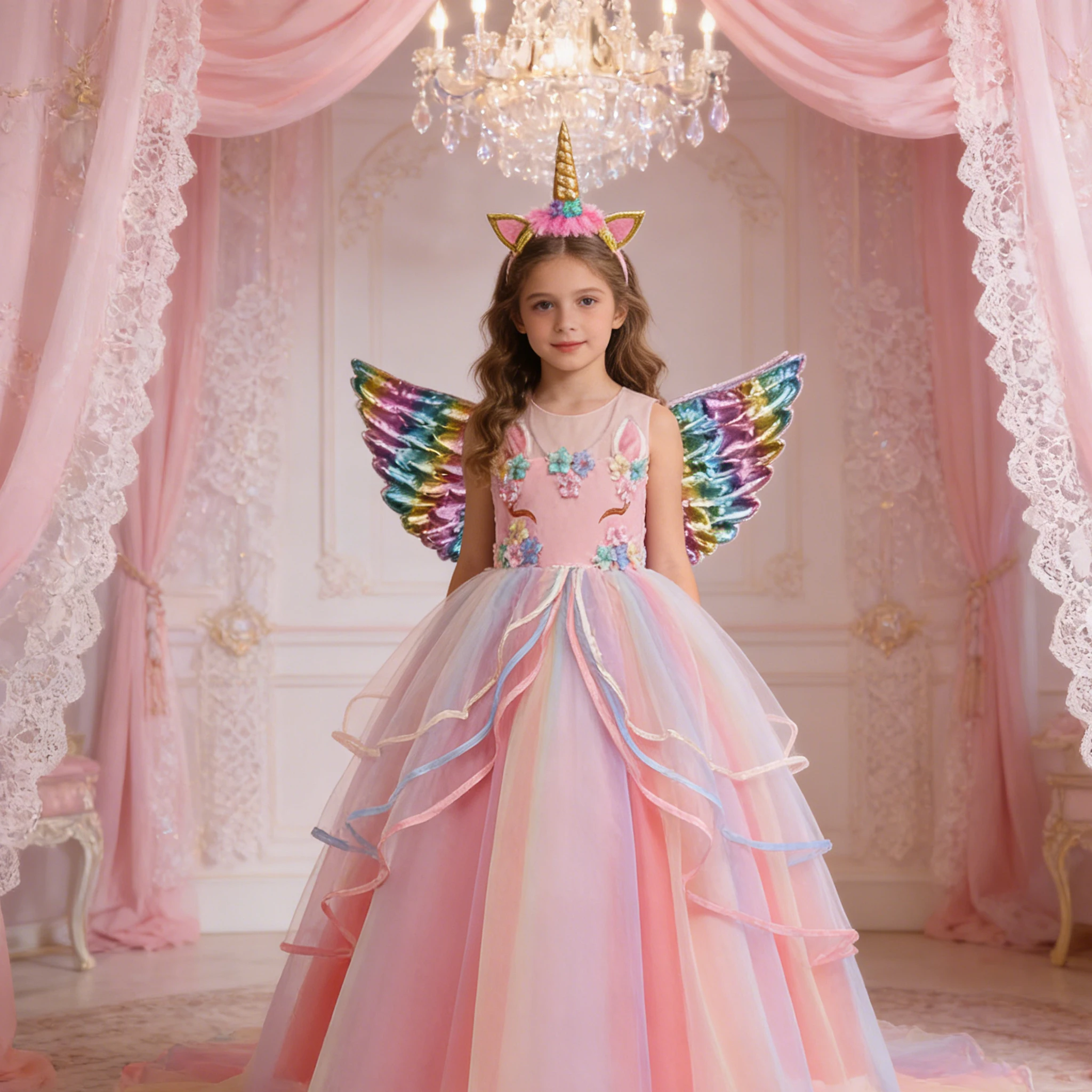 

3 шт., длинное платье с единорогом для девочек, головной убор с крыльями, детское праздничное платье, костюм принцессы на день рождения, фэнтезийная свадебная карнавальная одежда для девочек