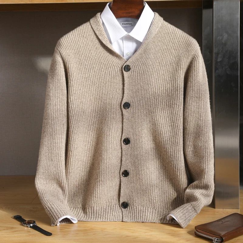 

High Quality Men 100% Merino Wool Sweater Autumn Winter Thick Buttons Polo Collar Cardigan Smart Casual Coat Cashmere Knitwear