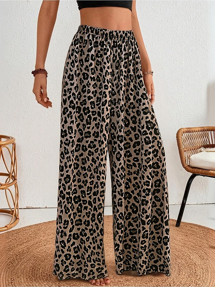 Modal Loose Leopard Print Pants Women's Autumn Thin Casual Straight Leg Pants Home Clothes plus Size High Waist Trousers