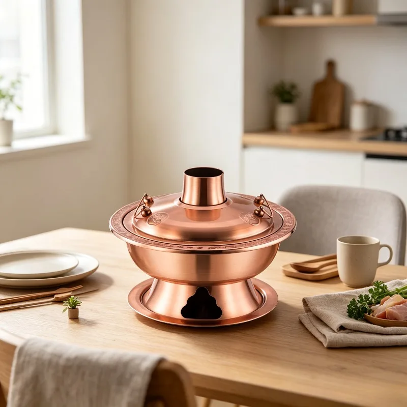 Thickened Bronze-finish Charcoal Hot Pot, Traditional Shabu Shabu Cookware Set with Divider, Vintage Copper Pot for Home & Party