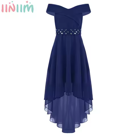 Girls Elegant Chiffon Party Dress Off Shoulder Hi-Lo Hem Maxi Princess Dress with Shiny Beaded Sash for Wedding Birthday Evening