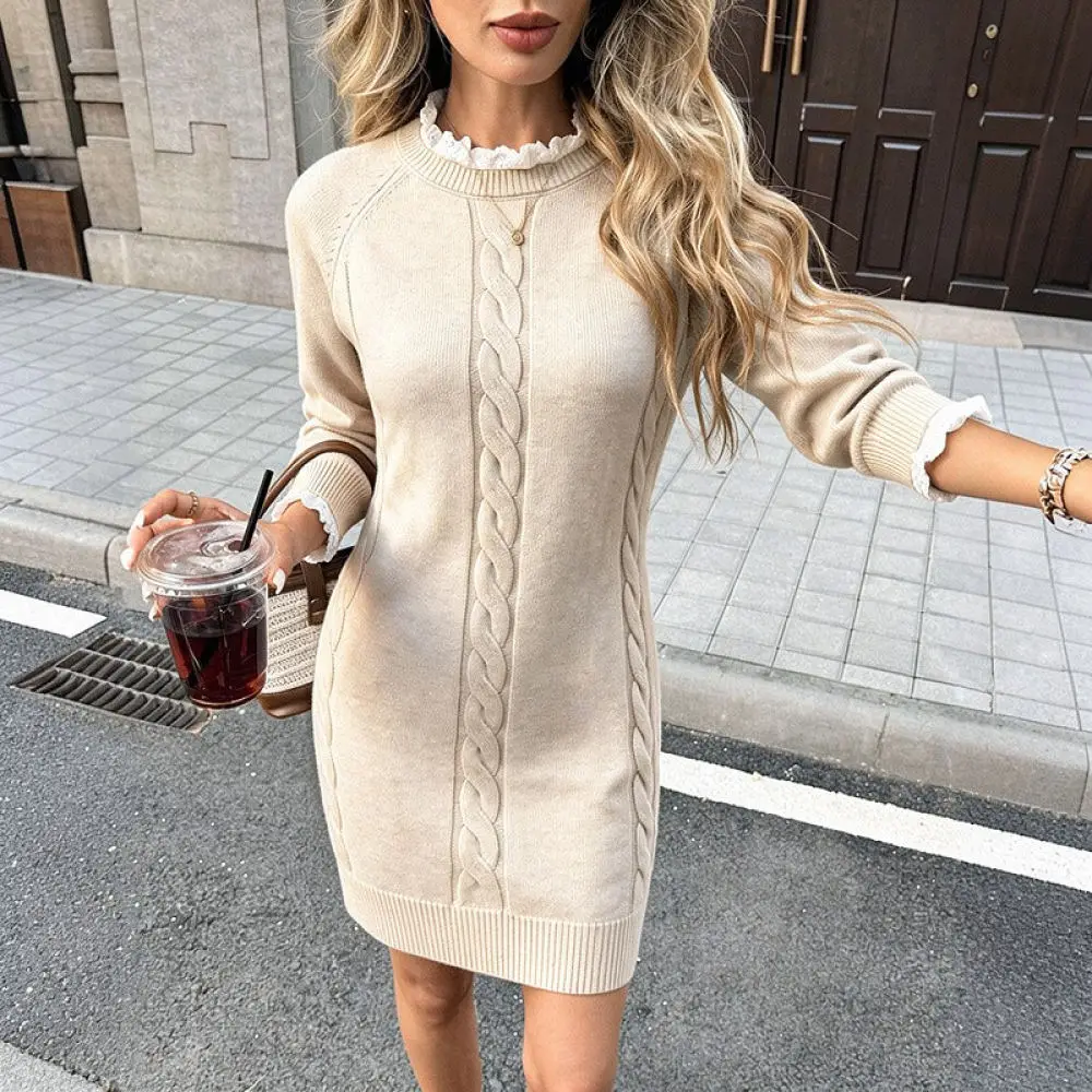 Soft Knit Sweater Dress Women Autumn Winter Lace Splicing Cable Knit Pullover Dress Elegant Slim Fit Casual Mini Dress