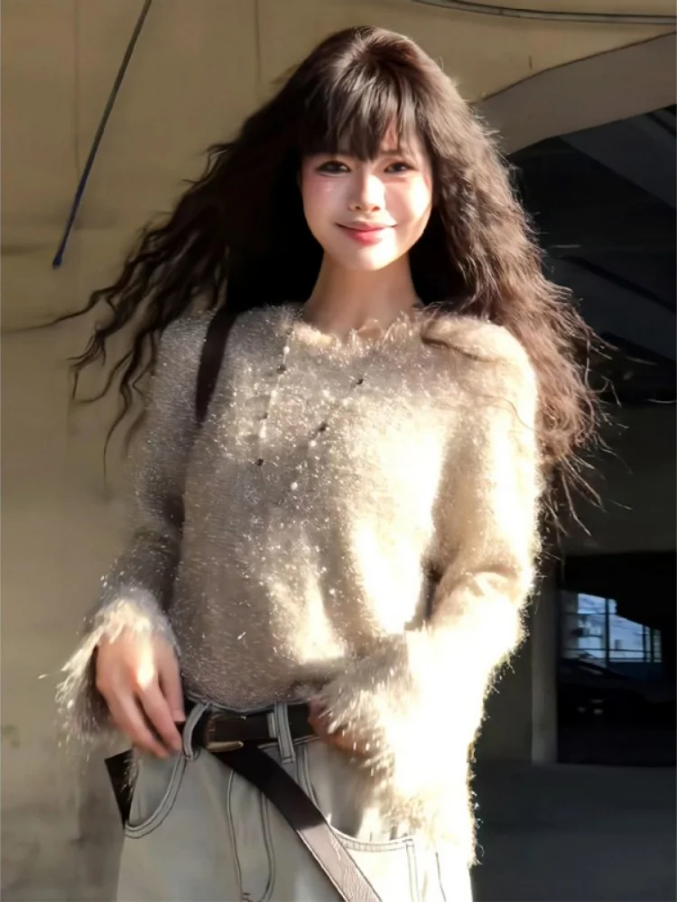 

Chic Knitted Sweater Commute Friendly Glitter Soft Winter New Sle Women's Trendy Top Comfortable Loose Fit Long Sve