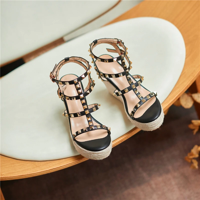 Insicre Platform High Heels Sandals Women Designer Open Toe Studded Solid Color Wedges Sexy Runway Party Summer Shoes