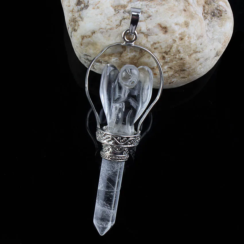 Silver Plated Vintage Scepter Natural Pendulums Hexagon Column Rock Crystal Stone Carve Angel Pendulum Pendant Women Jewelry