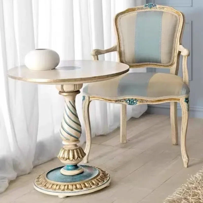AASolid Wood Carved Armrest Dining Chair Rounded Corner Coffee Table Simple Modern Small Apartment Home Tea Table