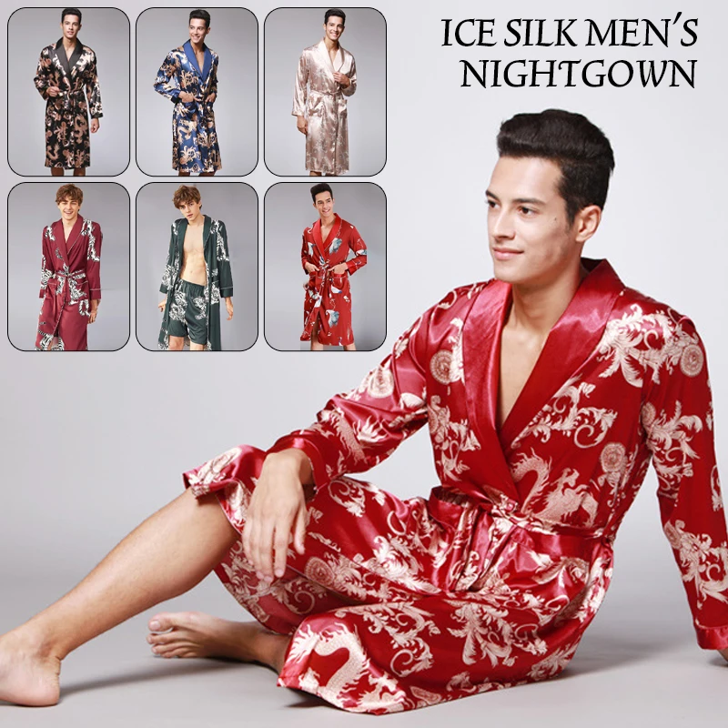 Traditional Japanese KIMONO Fashion YUKATA Oriental Gold Dragons Pattern Bathrobe Summer Men Ice Silk Robes Pajamas  Sleepwear