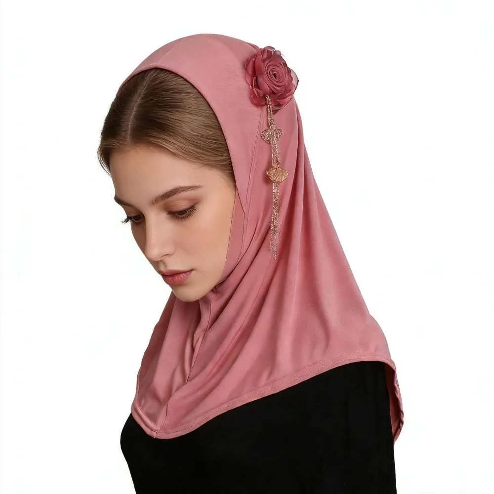 Comfort Round Edge 3D Flower Tassel Hijab Solid Color Stretch Head Wrap Lightweight High-Elasticity Headwear Outdoor