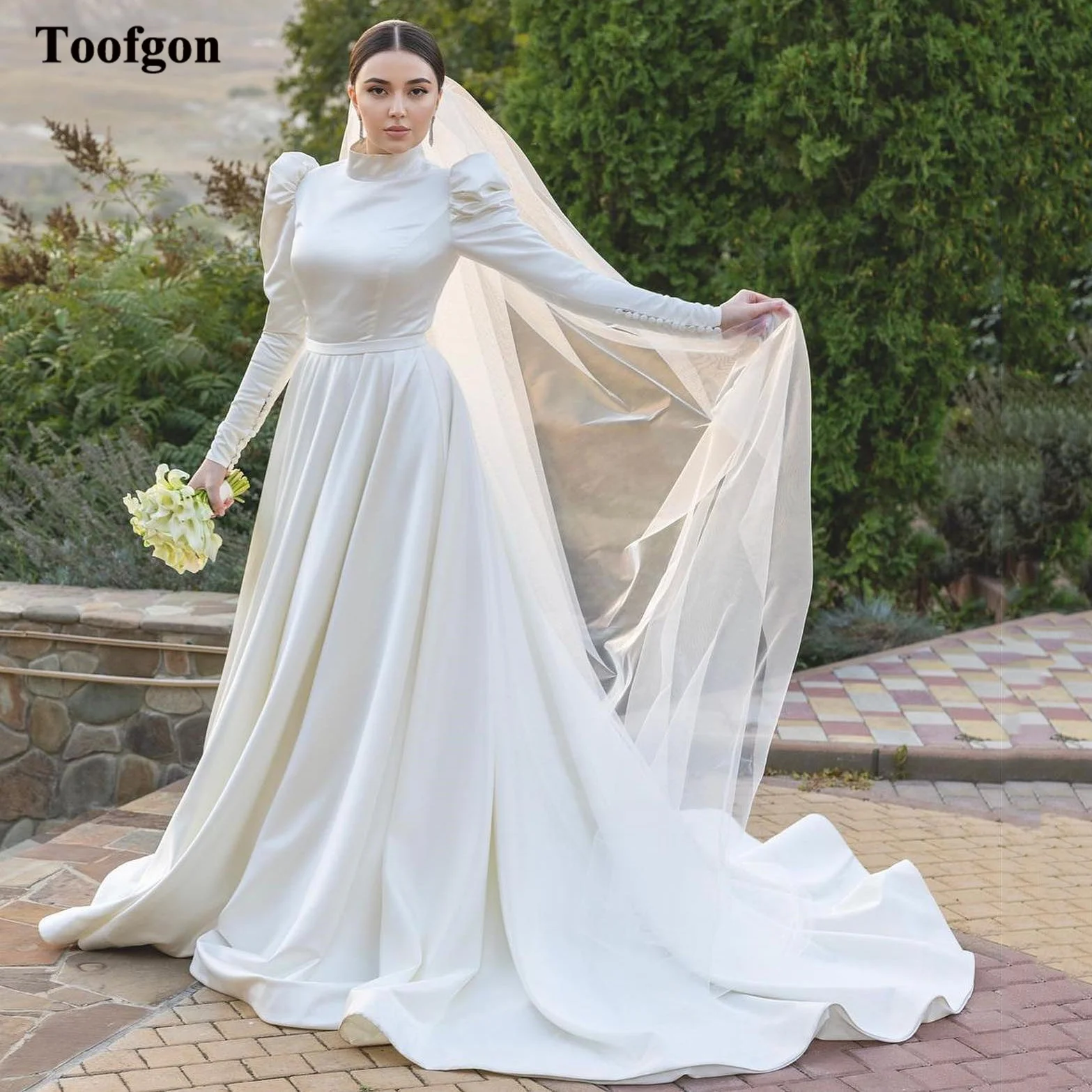 

Toofgon Modest Muslim A Line Bride Wedding Dresses Long Sleeves Satin High Neck Bridal Gowns Women Special Party Formal Dress