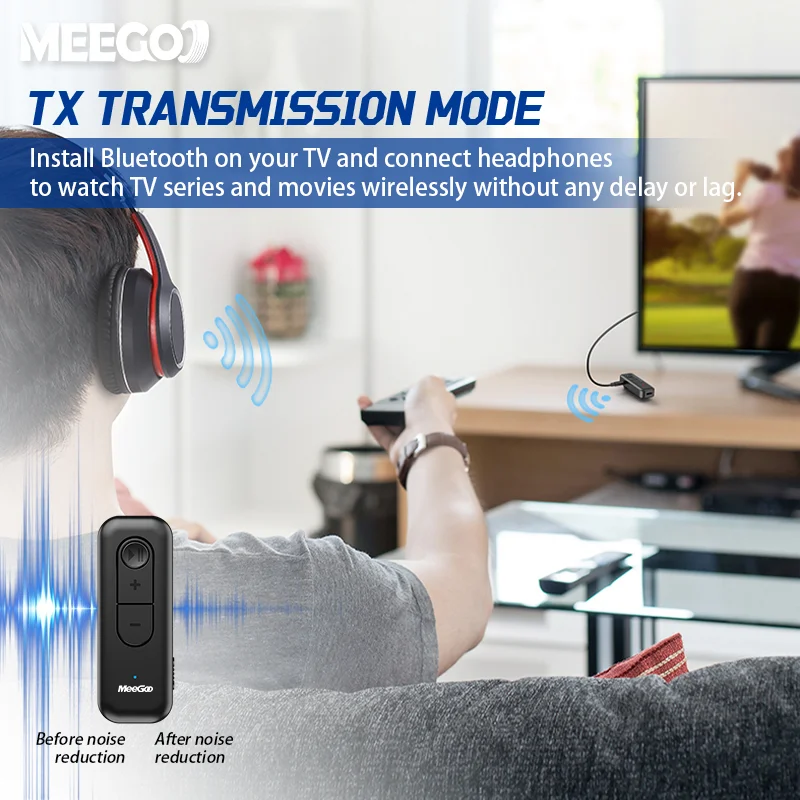 MeeGoo Bluetooth 5.3 Transmitter Receiver, 2-in-1 Audio Adapter, AAC/SBC, 10H Playtime, 3.5mm Jack, Type-C Charge, Black
