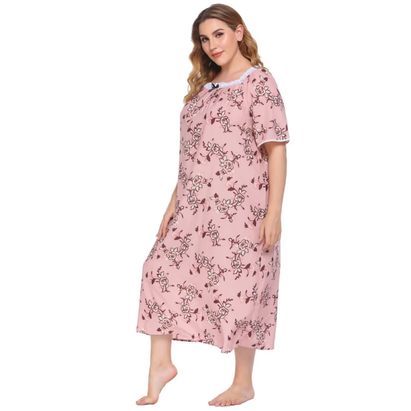 Women's Nightdress Short Sleeve Lace Stitching Longuette Pajamas Floral Printed Nightgown Bathrobe Casual Comfortable Home Cloth