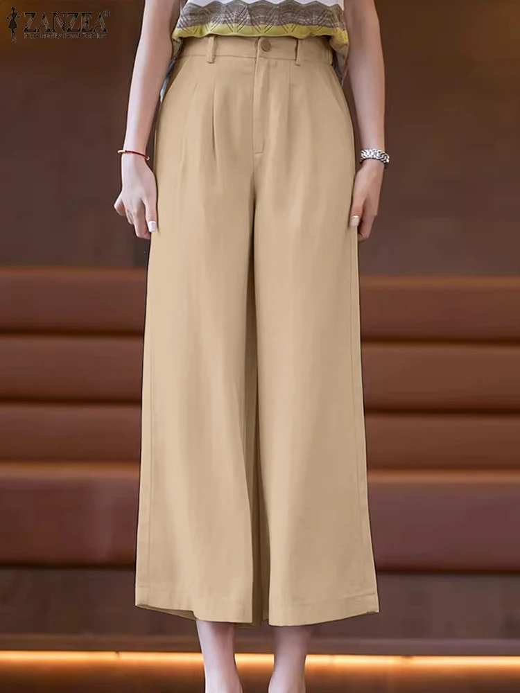 

ZANZEA Korean Casual Wide Leg Trousers Women Vintage High Waist Long Pants Elagent Office Pocket Work Pantalon Solid Loose Pants