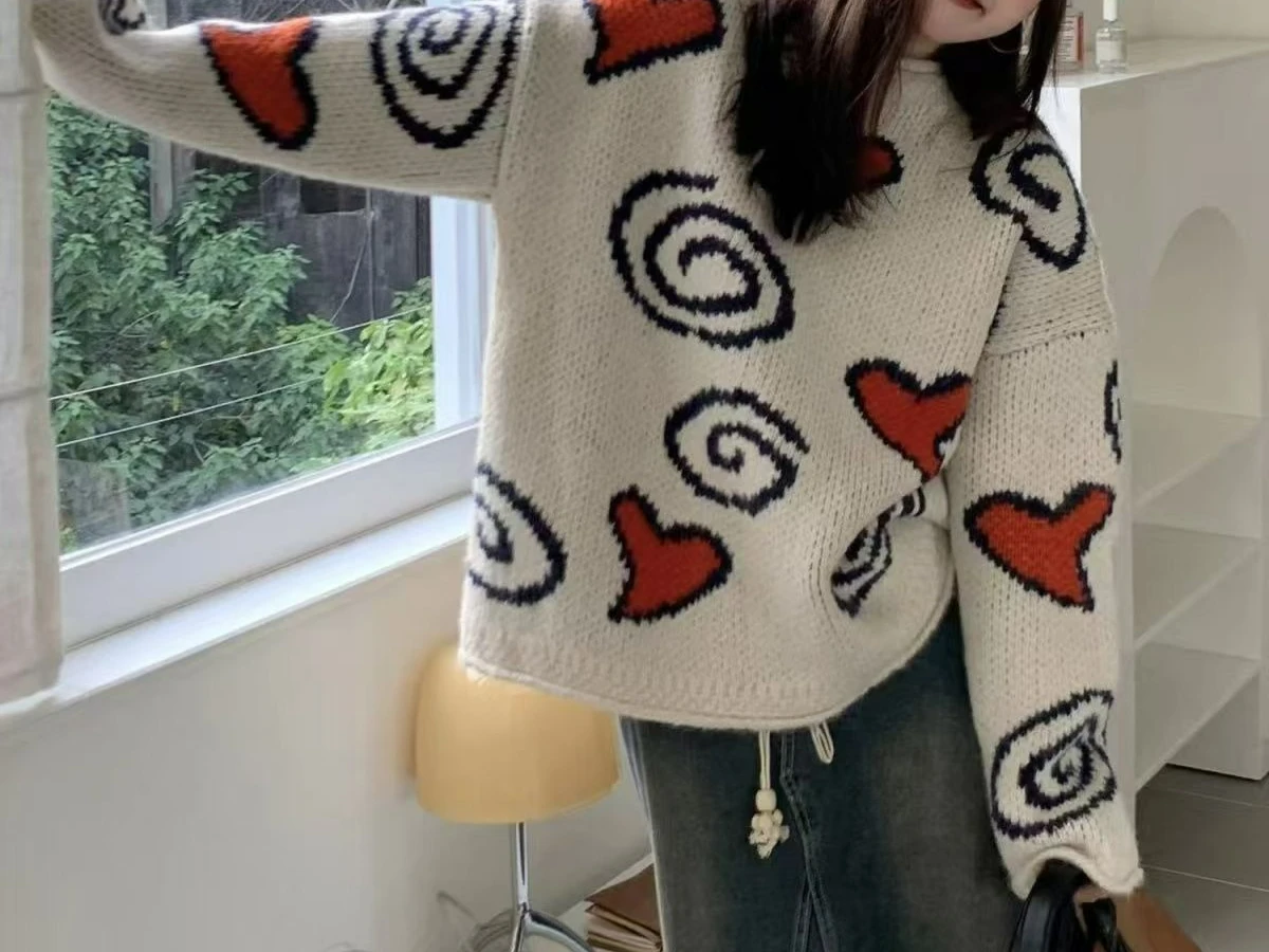 

Lazy and Gentle Design Pullover Love Knit Sweater Autumn and Winter Loose Top
