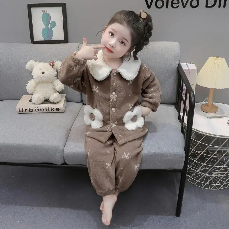 

Girl Winter Coral Fleece Pajamas Two-Piece Set Autumn Thicken Flannel Tops Pullover Pants Child Kawaii Fashion Casual Clothing