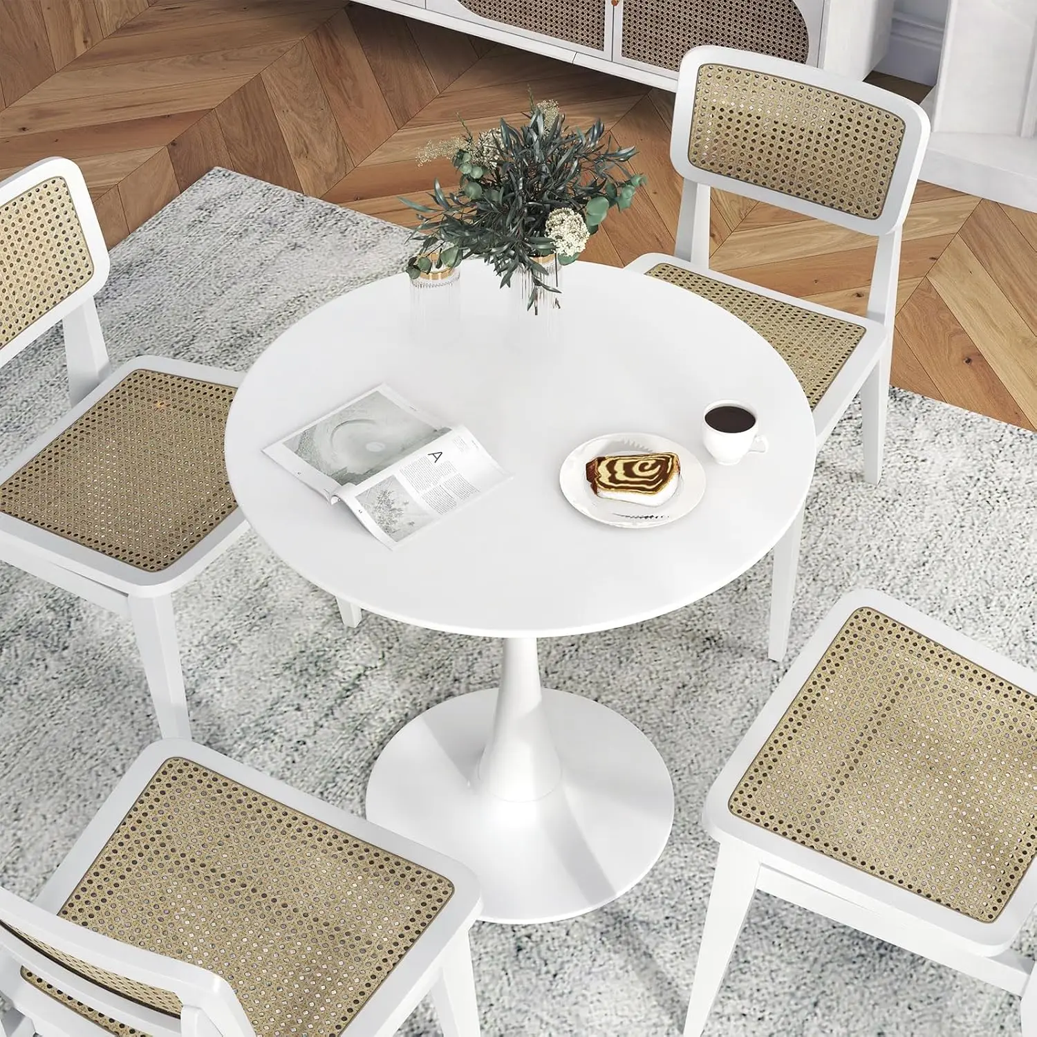 White Round Dining Table, 32 Inches Modern Tulip Kitchen Table w/ 0.9” Thickened Tabletop & Sturdy Metal Pedestal, Mid-Century L