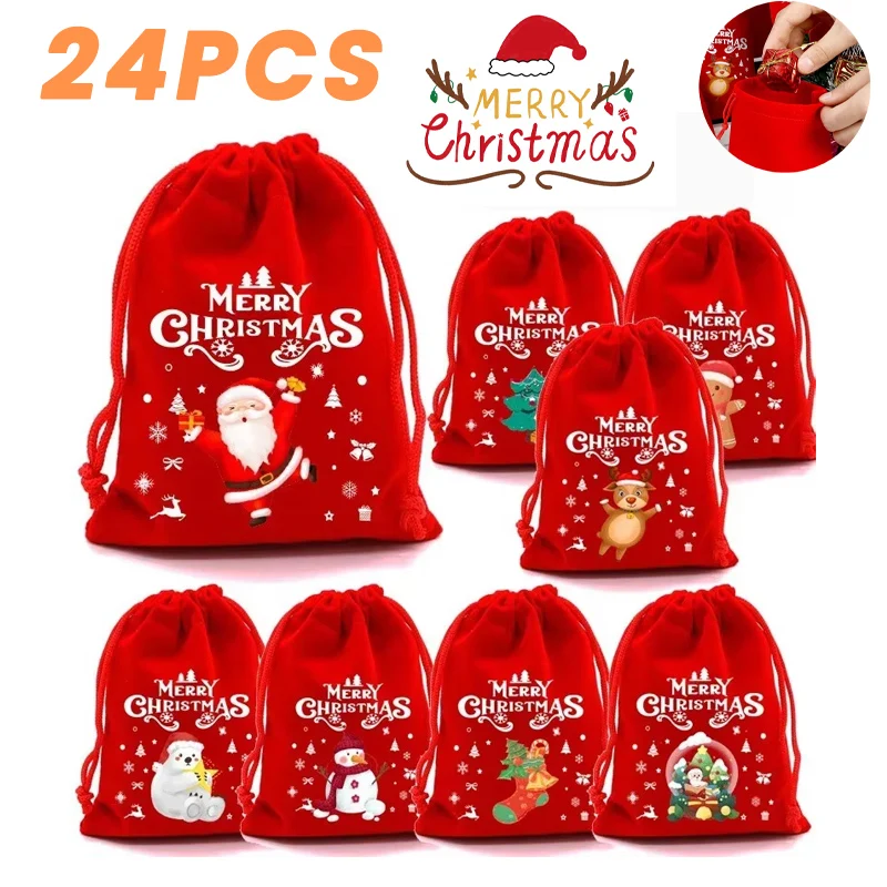 

New Merry Christmas Velvet Bags Candy Snack Drawstring Pouch Wrapping Bag Xmas Gifts Bracelet Jewelry Packaging Storage Bags