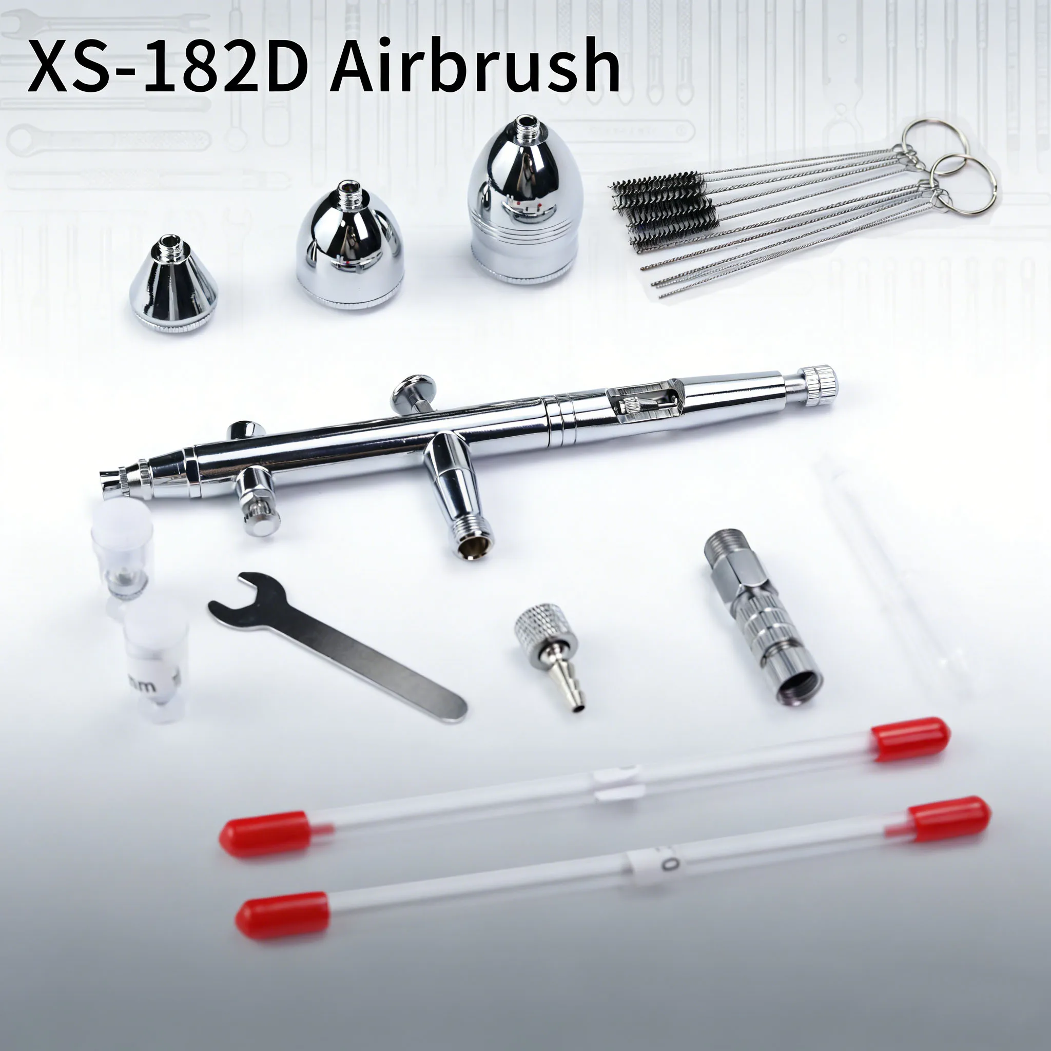 

Аэрограф XS-182D с съемными емкостями для жидкости 2cc/5cc/13cc и щеткой для чистки, комплект с компрессионными соплами 0.3, 0.5, 0.2 мм и иглами.