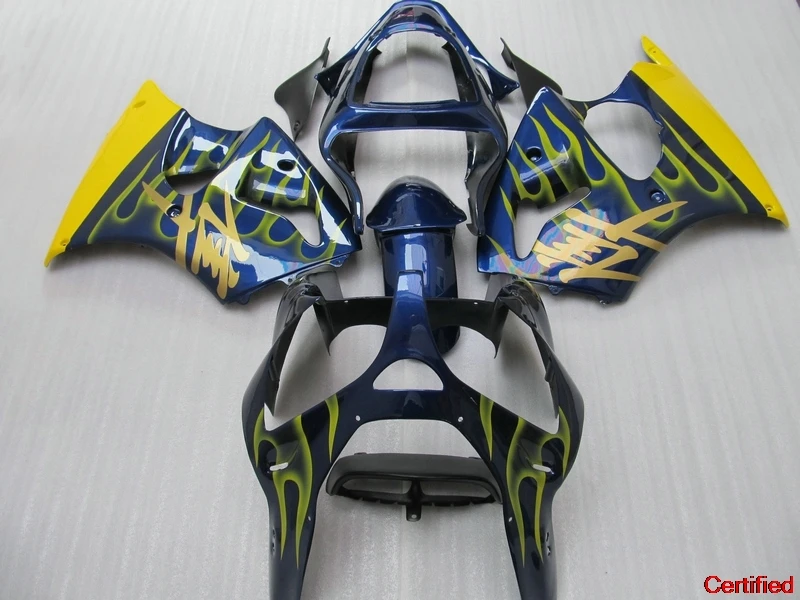 

Plastic Fairings Set For Kawasaki Injection Fairing Kit ZX 6R 2000 2001 2002 Yellow Flames In Blue ZX6R 00 01 02 AA48