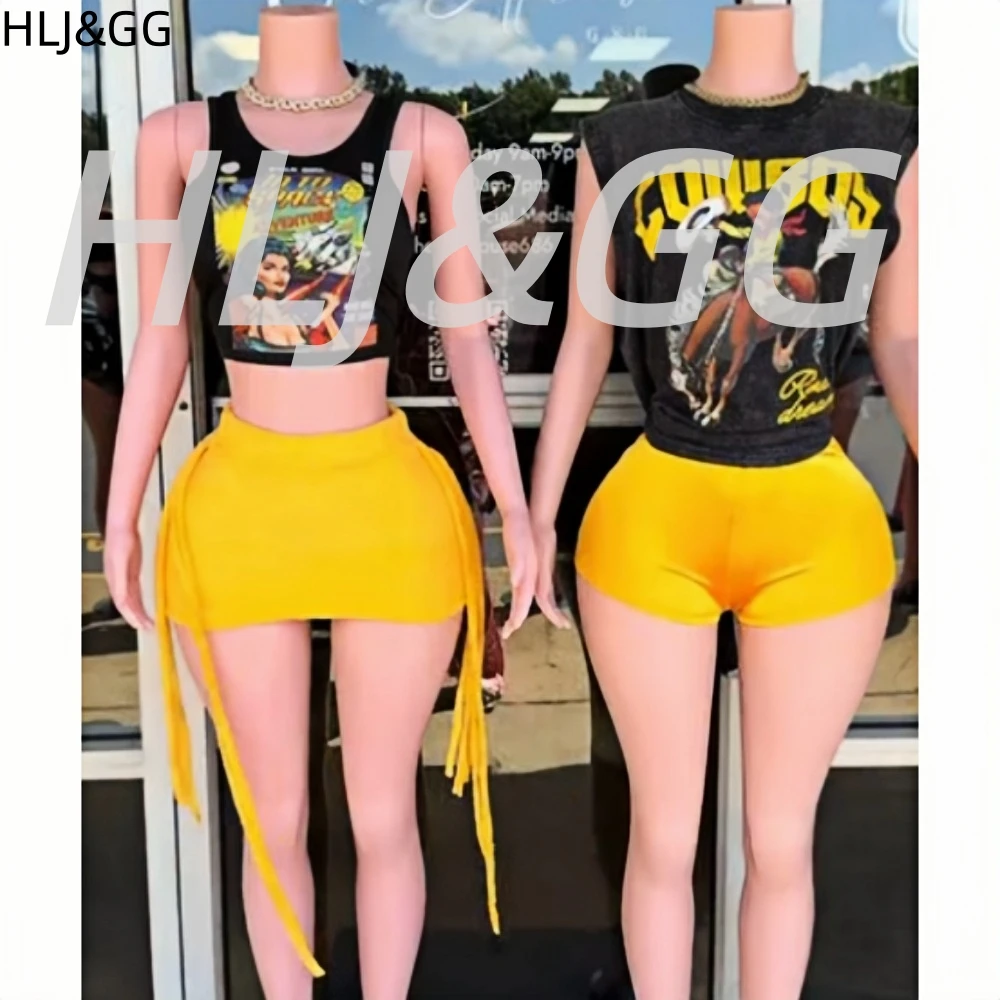 HLJ&GG Trend Vintage Pattern Print Tshirts Two Piece Sets Women O Neck Sleeveless Slim Top And Shorts Outfits Fashion Streetwear
