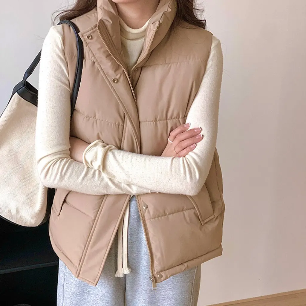 

Korean Style Women's Cotton Vest Solid Color Stand Collar Zipper Outerwear Short Sleeve Spring Autumn