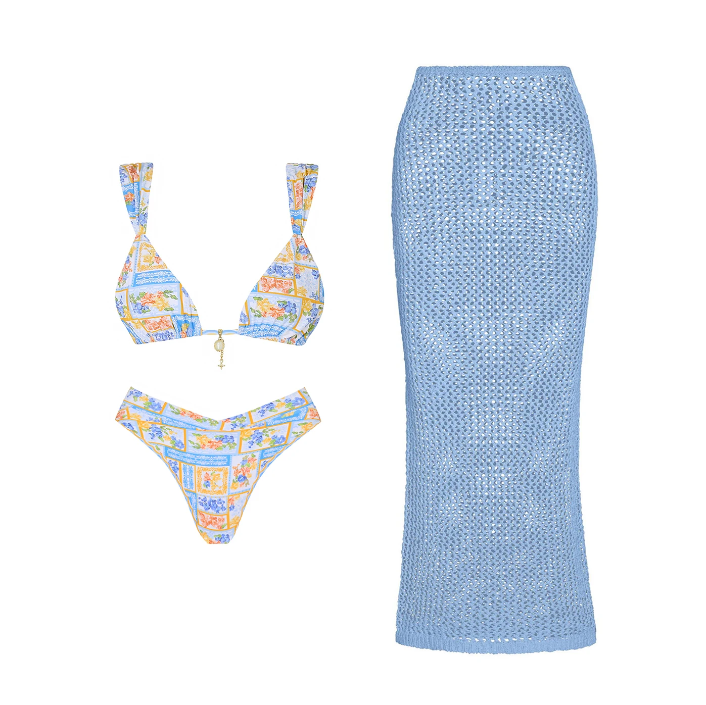 Bandeau 3Pcs Bikini Set Sexy Women Swimsuit Swimwear Female Sarong Cover Up Micro Bikinis Beachwear Bathing Suit Printed Biquini